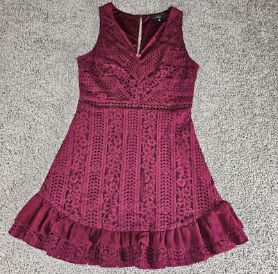 #ad Lulus Dress Womens Small Lace Sundress Maroon Burgandy Floral Fit Flare Ruffle $27.87