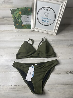 #ad Cupshe Bikini Size L Olive Green Rib Knit Two Piece Swimsuit Beach $15.99