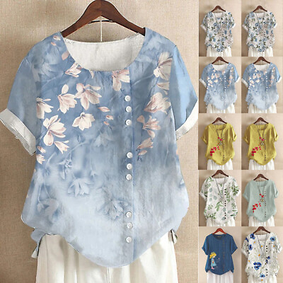 Womens Cotton Linen Blend Loose Blouse Boho Floral T Shirt Tops Summer Plus Size $16.39