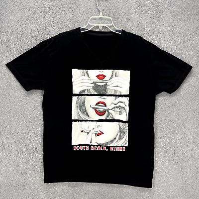 #ad Red Lips Smoke T Shirt Unisex Large Black South Beach Miami V neck $16.99
