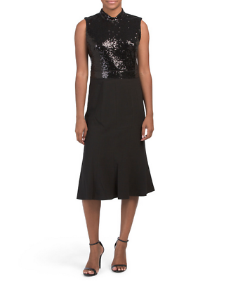 Maggy London Dress Womens Size 2 Mock Neck Black Sequin Stretch Midi Dress New $70.00