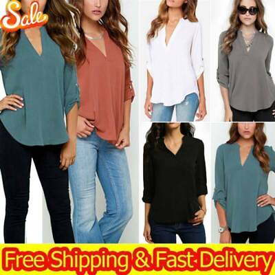 Women V Neck T Shirt Ladies Casual Loose Blouse 3 4 Sleeve Comfort Top Plus Size $13.48