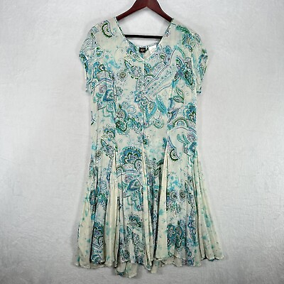 #ad Vintage Bila Dress Womens Medium Blue Green Floral Midi Gored Flowy Beach Boho $18.00