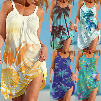 Women Summer A Line Sleeveless Crew Neck Mini Dress Loose Casual Beach Sundress $17.56