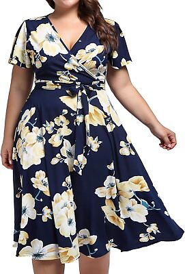 #ad kissmay Plus Size Womens V Neck Floral Cocktail Party Midi Dresses with Pocket $61.95