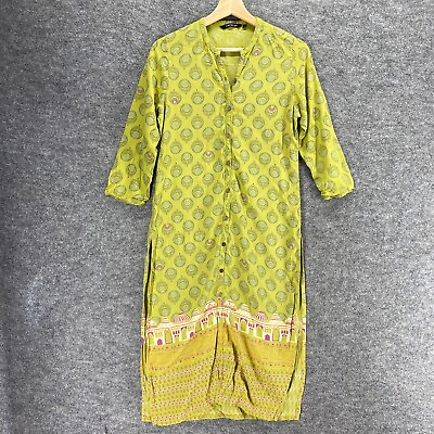 Melange Shirt Dress Women S Small Yellow Geometric Maxi 3 4 Sleeve V Neck Rayon $14.21