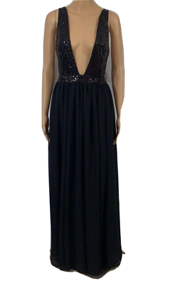 #ad olivaceous sequin chiffon black long maxi dress v plung deep v open back sz M $44.99
