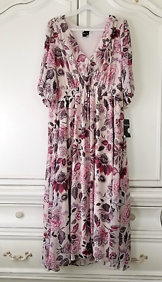 #ad Maison Tara Beige Pink Black Floral Elbow Sleeve Chiffon Maxi Dress 16W NWT $59.00