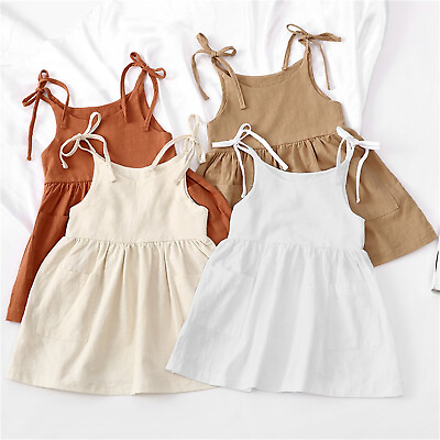 Toddler Kids Girls Soild Color Pockets Sleeveless Beach Straps Princess Dress $16.14