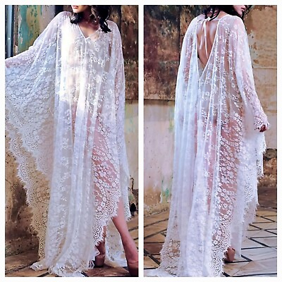 #ad Anthropologie White Lace long Romantic Bohemian Maxi Kimono Boho Dress Xl $115.00