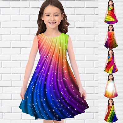#ad Summer Girls 3D Flower Print Dresses Sleeveless Princess Dress Tank Pretty $17.72