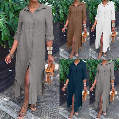 #ad US Women Cotton Linen Buttons Maxi Dress Boho Baggy T Shirt Long Dress Plus Size $24.09