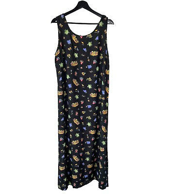 #ad Vintage 90s Black Multicolor Garden Print Sleeveless Full Length Dress XL $46.00