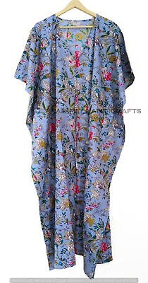 Indian Gray Long Floral Print Cotton Hippie Maxi Women Nightwear Caftan Dress $18.79