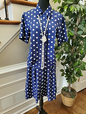 #ad Vintage Chaus Women#x27;s Blue Polka Dot Collared 2 Piece Jacket amp; Skirt Suits 12 $49.00