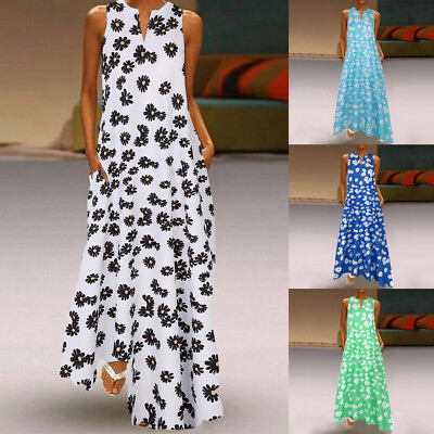 #ad Large Size Women#x27;s Bohemian Maxi Dress V Neck Sleeveless Printed Casual Dress $18.79