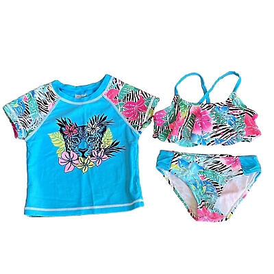 #ad Limited Too Girls Size 3T Toddler 3 Pc Swimsuit Bikini Rash Guard Blue Floral $10.94