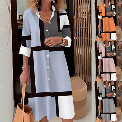 #ad Women#x27;s Long Sleeve Casual Loose Party Dress Button Summer Holiday Tunic Dresses $27.59
