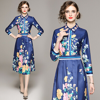 #ad Women spring Summer Runway Floral Print lapel Collar Long Sleeve Party Dresses $51.46