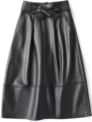 #ad Women#x27;s Genuine Lambskin Leather A Line Skirt w Belt Size XS S 29.5 in $95.00