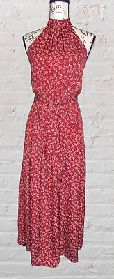 Women#x27;s Boho Prairie Style Sm Halter Maxi Dress Elastic Waist Rusty Red Floral $18.00