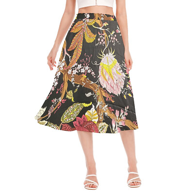 #ad #ad Cotton Midi Skirt Women Knee Length Black Floral Soft Pleated Skirt Casual Dress $27.99