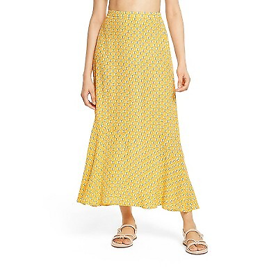Women#x27;s Dainty Lotus Print Midi Skirt RHODE Yellow Turquoise $11.99