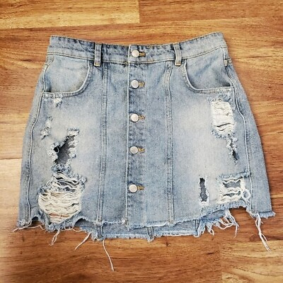 #ad Free People Women#x27;s Size 10 Mini Distressed Light Wash Button Up Jean Skirt $8.89