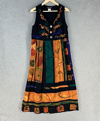 #ad Carole Little Dress 10 Vintage Maxi Sleeveless Embellished Black Crinkle Artsy $34.97