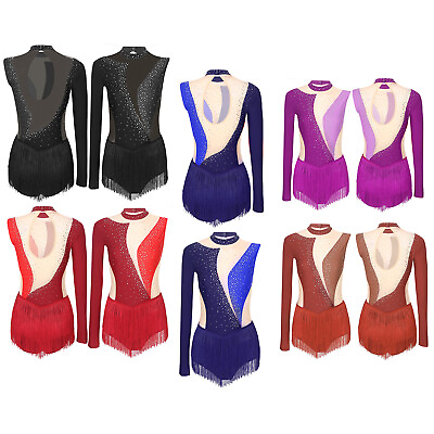 #ad Womens Leotard Contrast Color Dress Mesh Patchwork Bodysuit Long Sleeve Skirted $21.10