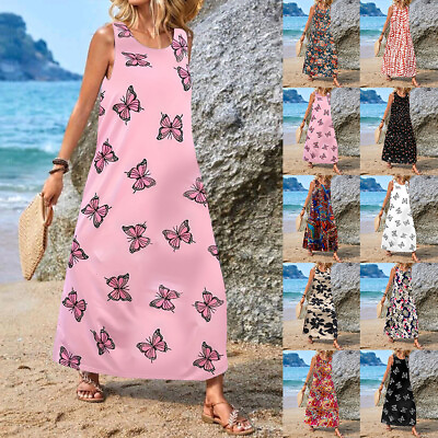 #ad Women Floral Boho Maxi Long Tank Dress Baggy Holiday Beach Kaftan Sun Dresses US $24.99