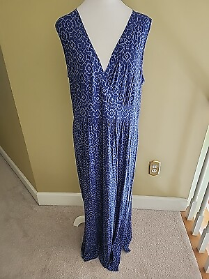 #ad LLBean Maxi Dress Petite XL Sleeveless Wrap Top Blue Deep V Neck Side Slits $18.99