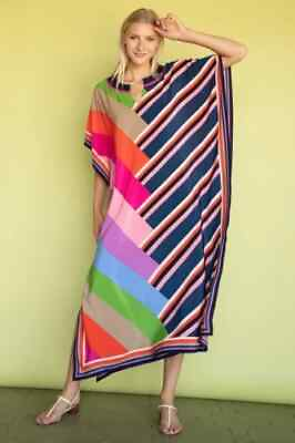Geometric Striped Printed Kaftan Kurta Multicolor Party Wear Long Dress Digital $63.25