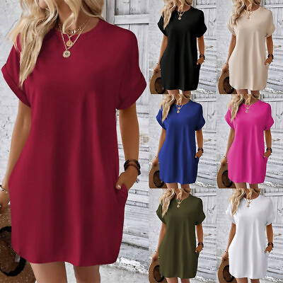 #ad Women Solid Short Sleeve Summer Mini Shirt Dress Casual Loose Holiday Sundress $19.03