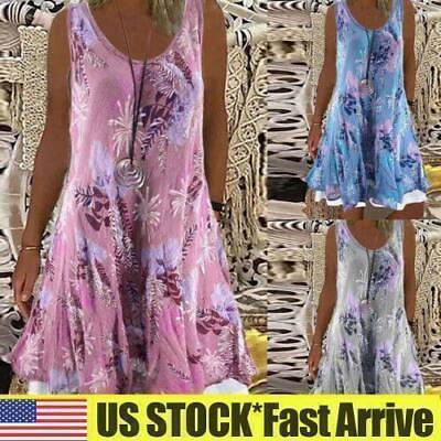 #ad Womens Summer Holiday Midi Dress Ladies Boho Beach Loose Floral Tank Sundress US $18.99