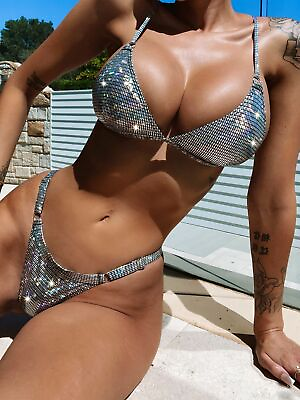 #ad Womens Sexy Triangle Bikini Push Up Swimwear Silver Metallic String Bathing Suit $17.99