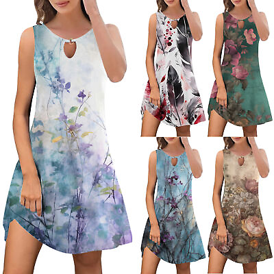 #ad Women Summer Holiday Dress Ladies Boho Beach Button Floral Sun Dresses Trendy $16.90