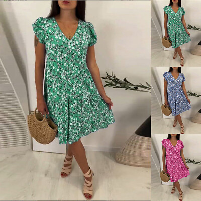 #ad Womens Short Sleeve Midi Dress Ladies Ruffle Boho Floral Beach Swing Sundress $23.39