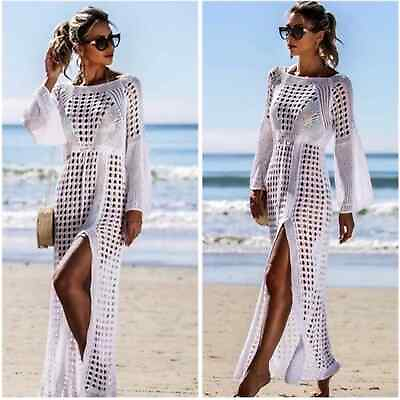 #ad White Boho Soft Knitted Long Swimsuit Cover Up One Size $57.00