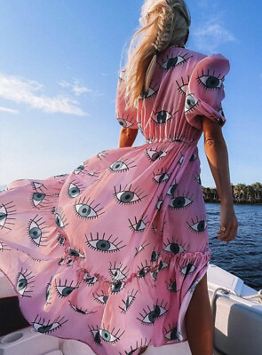 Pink Evil Eye Long Maxi Over Dress Cover Up Beach Summer Size Small medium $50.00