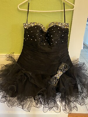 #ad Let’s Fashion Black Short Sequins Ruffled Formal Dress With Bow SZ Large $21.33