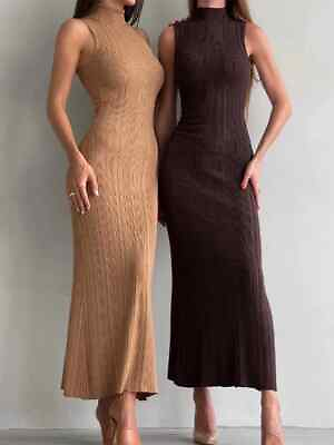 #ad Women#x27;s Knitted Dress Turtleneck Sleeveless Sheath Long Dress Slim Party Dresses $44.87