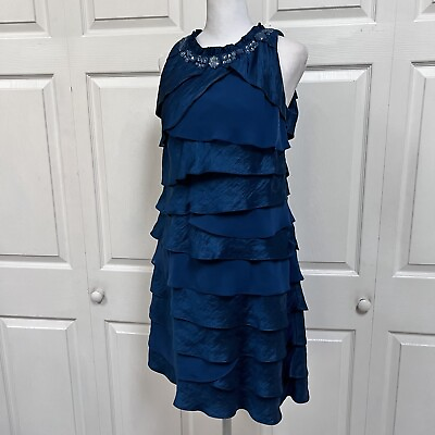 #ad Blue Ruffle Tier Cocktail Dress Sleeveless Size 12P $22.43