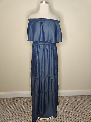 #ad Michael Kors Off Shoulder Chambray Maxi Dress Large Women#x27;s Tiered Long Blue $25.80