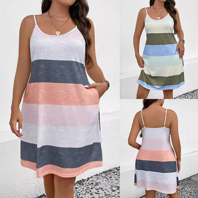 #ad Plus Size Women Striped Mini Dress Summer Strappy Holiday Beach Sun Dresses US $20.79
