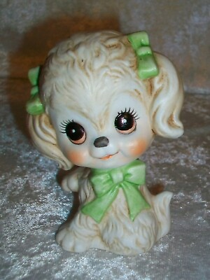 Bisque Porcelain Vintage Green Ribbon Pigtail Poodle Puppy Dog Figurine Japan $19.60