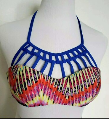 #ad Swimwear Blue Multicolor Bikini Top Bra S Strappy Halter Tie Back Lined Cups $11.26