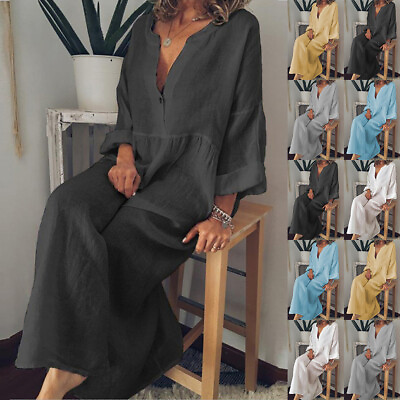 #ad Plus Size Women Cotton Linen Loose Long Maxi Dress Ladies Casual Kaftan Sundress $24.69