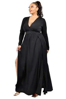 Plus Size High Slit Ruch Waist Long Sleeve Deep V Black Maxi Dress 1X 2X 3X $39.99
