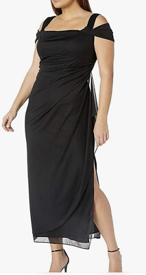#ad Alex Evenings Size 14 Petite Black Maxi Dress Mesh Slit Cold Shoulder Retail$165 $86.99